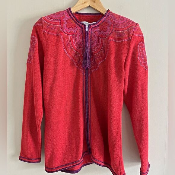 Vintage UMI Collections Anne Crimmins Embroidered Red Zip Cardigan M Boho Artsy - Picture 2 of 7
